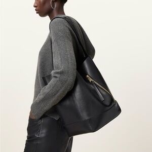 All Saints Black Leather Hobo Bucket Bag Shoulder Bag